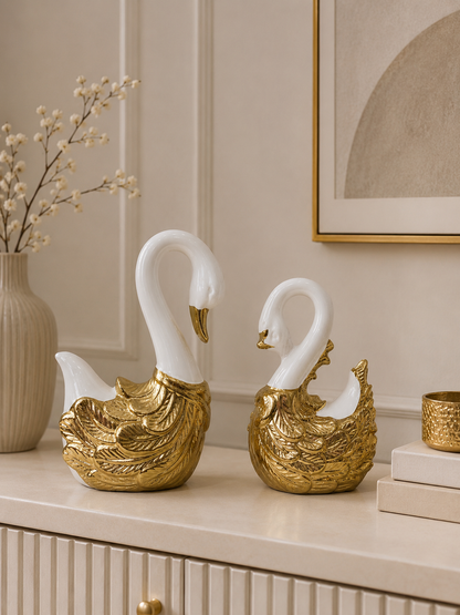 Luxury White & Gold Ceramic Swan Figurine Set