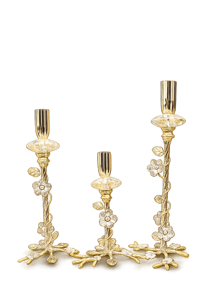 Luxury Gold & Silver Floral Taper Candle Holder Set of 3