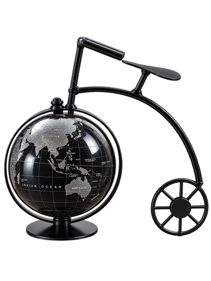 Vintage Black & Silver World Globe with Bicycle-Inspired Stand