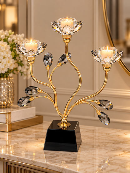 Luxury Gold Crystal Lotus 3-Cup Candle Holder