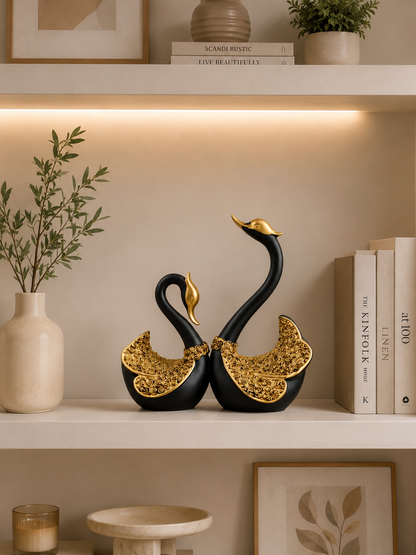 Luxury Black & Gold Swan Sculpture Set of 2