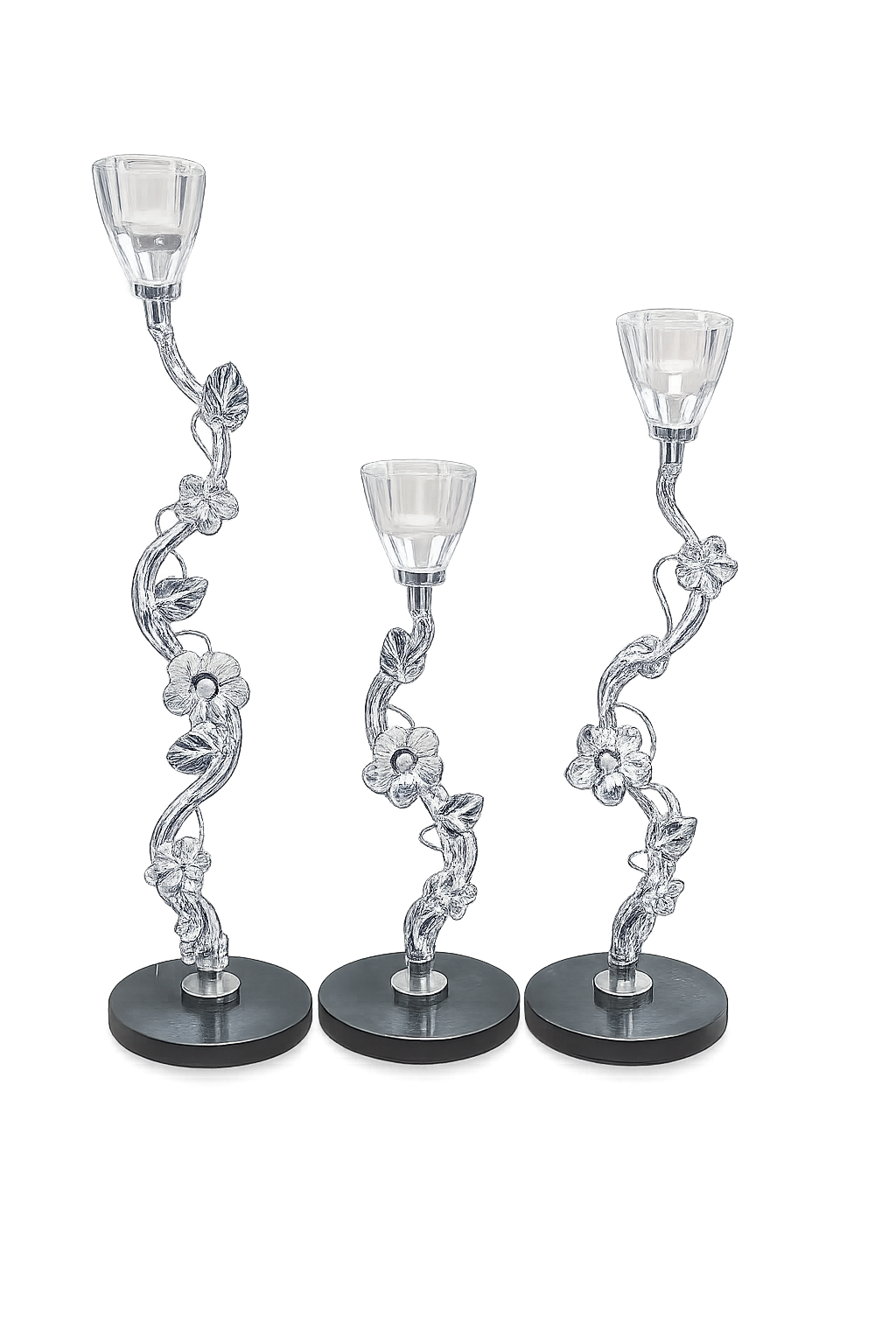 Luxury Silver Floral Crystal Taper Candle Holder Set of 3 with Black Marble Bases