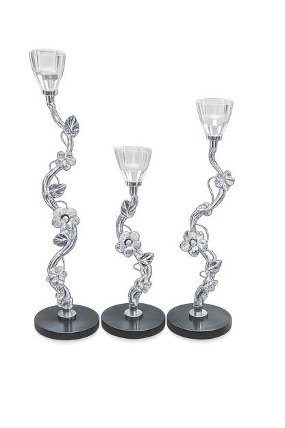 Luxury Silver Floral Crystal Taper Candle Holder Set of 3 with Black Marble Bases