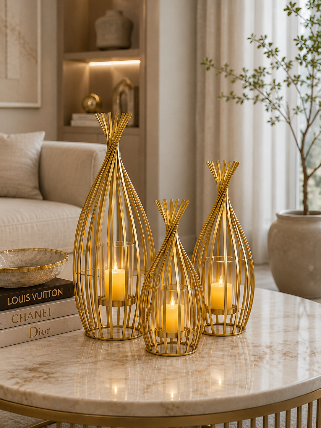 Luxury 3-Piece Gold Metal Lantern Set