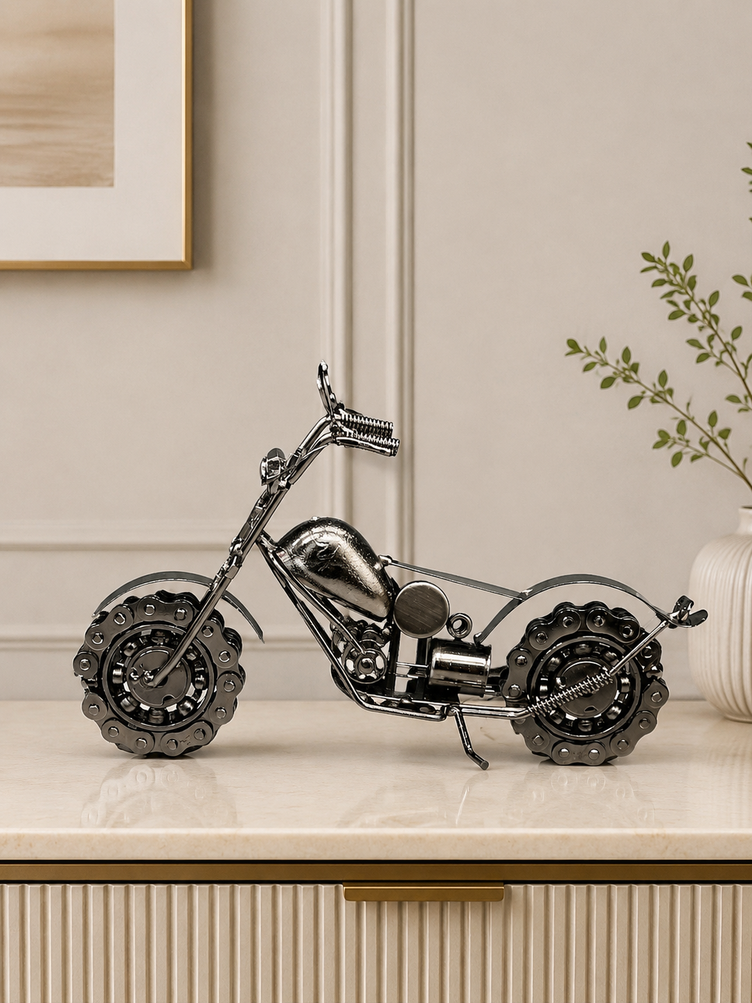 Vintage Silver Metal Motorcycle Showpiece