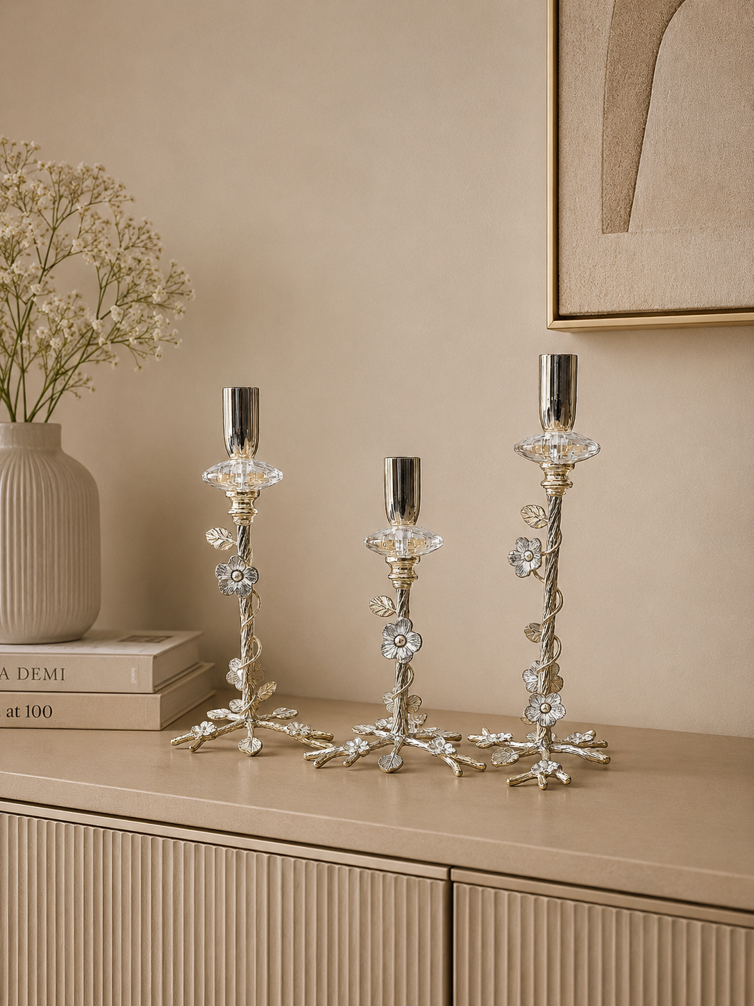Luxury Gold & Silver Floral Taper Candle Holder Set of 3