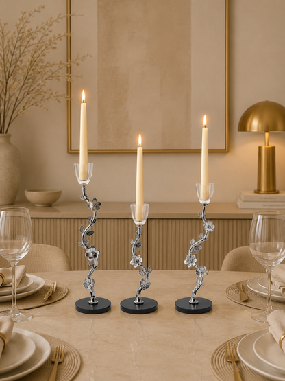 Luxury Silver Floral Crystal Taper Candle Holder Set of 3 with Black Marble Bases