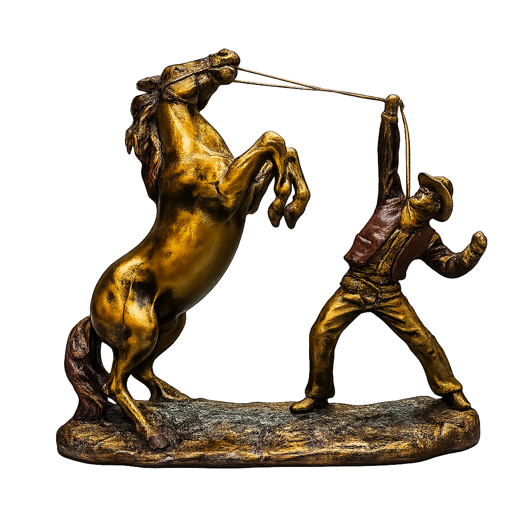 Golden Cowboy & Rearing Horse Resin Sculpture
