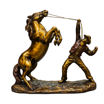 Golden Cowboy & Rearing Horse Resin Sculpture