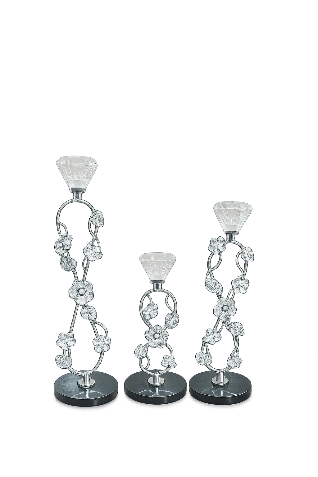 Elegant Silver Floral Crystal Taper Candle Holder Set of 3