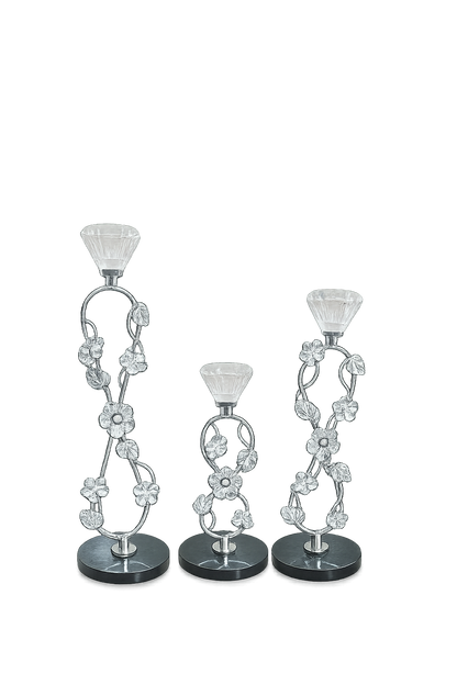 Elegant Silver Floral Crystal Taper Candle Holder Set of 3