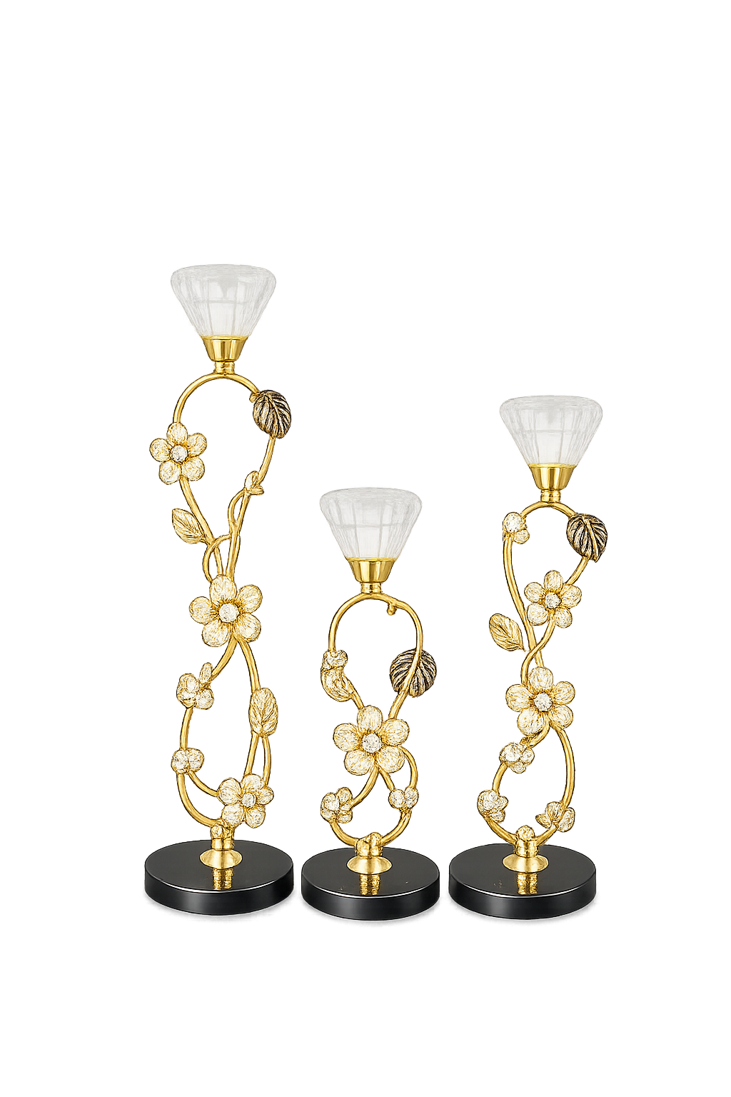 Luxury Gold Floral Crystal Taper Candle Holder Set of 3