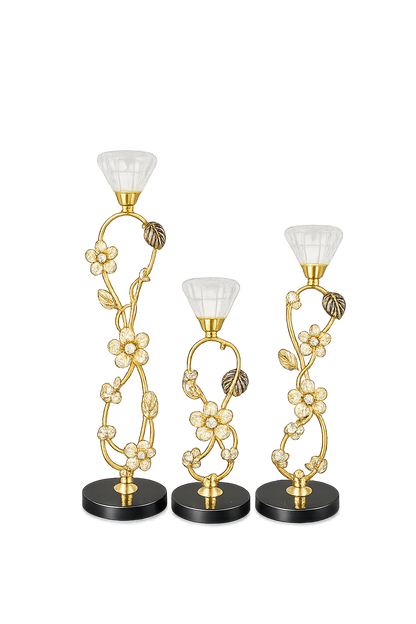 Luxury Gold Floral Crystal Taper Candle Holder Set of 3