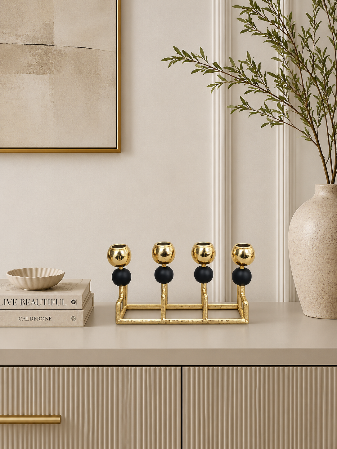 Luxury 4-Arm Gold Candle Holder with Black Accents