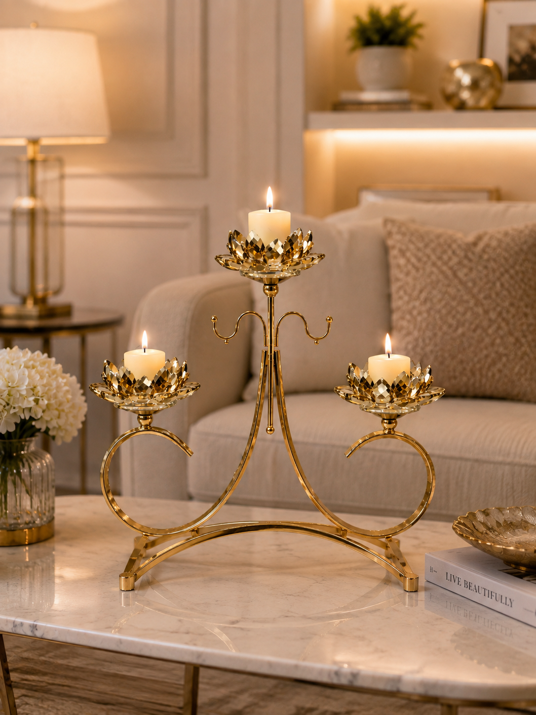 Luxury Gold Crystal Lotus Candle Holder Set of 3