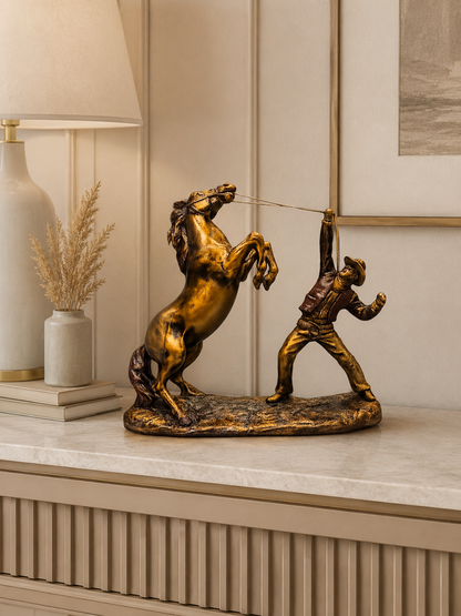 Golden Cowboy & Rearing Horse Resin Sculpture