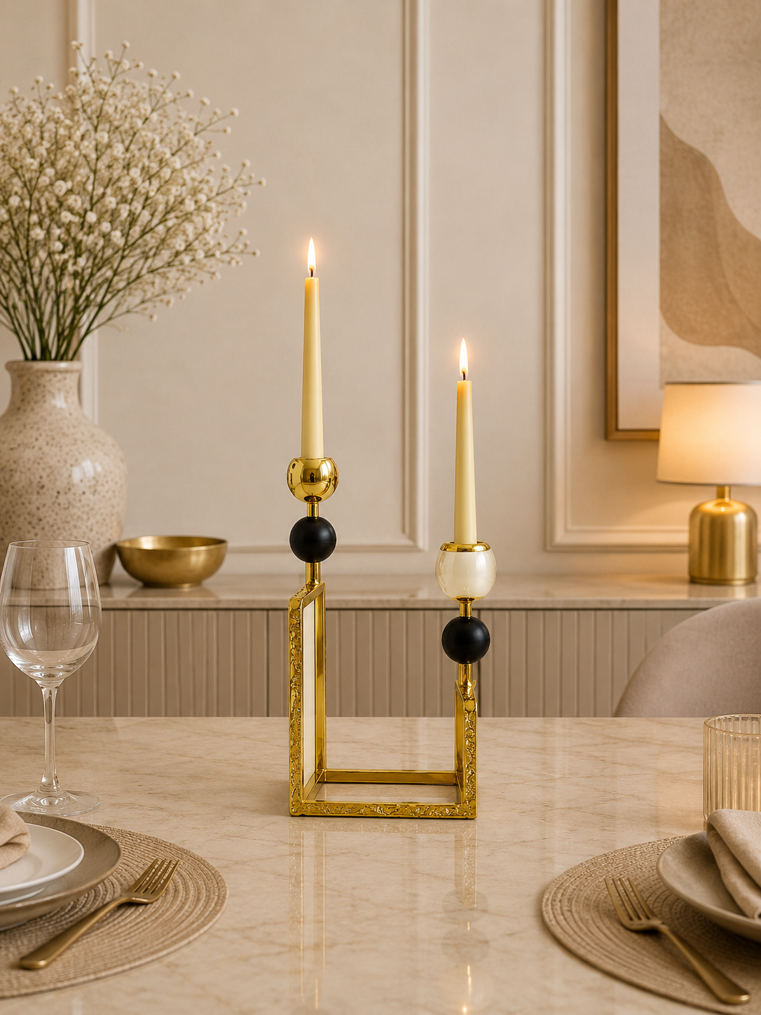 Luxury Gold Dual Taper Candle Holder with Black Accents