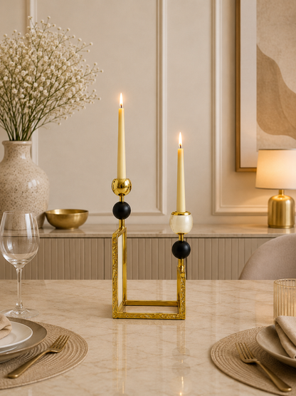 Luxury Gold Dual Taper Candle Holder with Black Accents
