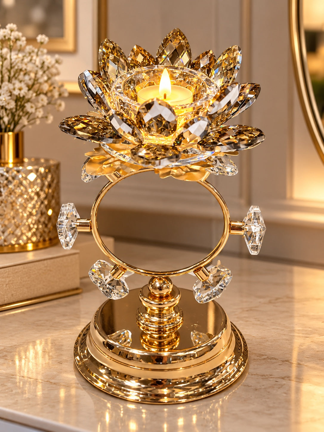 Luxury Gold Crystal Lotus Candle Holder